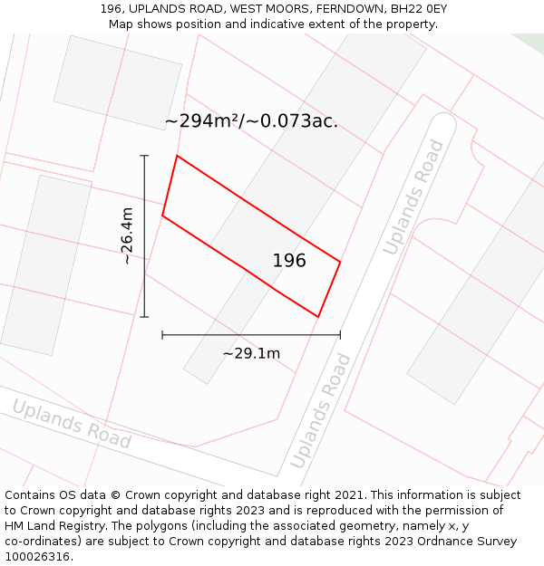 196, UPLANDS ROAD, WEST MOORS, FERNDOWN, BH22 0EY: Plot and title map