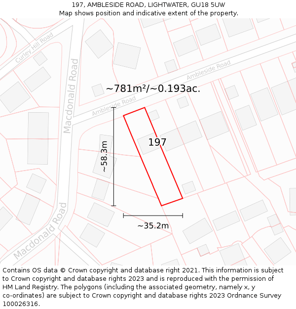 197, AMBLESIDE ROAD, LIGHTWATER, GU18 5UW: Plot and title map