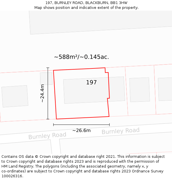 197, BURNLEY ROAD, BLACKBURN, BB1 3HW: Plot and title map