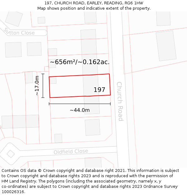197, CHURCH ROAD, EARLEY, READING, RG6 1HW: Plot and title map