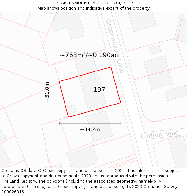 197, GREENMOUNT LANE, BOLTON, BL1 5JE: Plot and title map