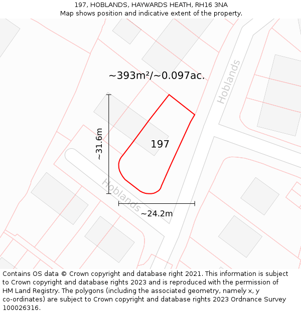 197, HOBLANDS, HAYWARDS HEATH, RH16 3NA: Plot and title map