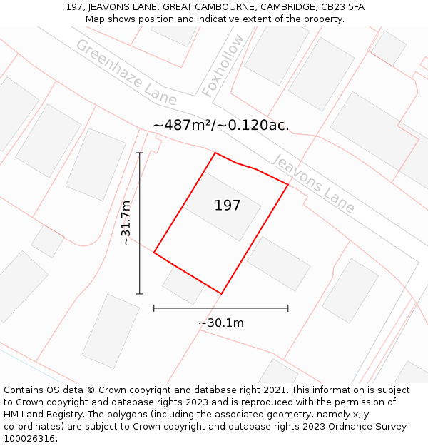 197, JEAVONS LANE, GREAT CAMBOURNE, CAMBRIDGE, CB23 5FA: Plot and title map