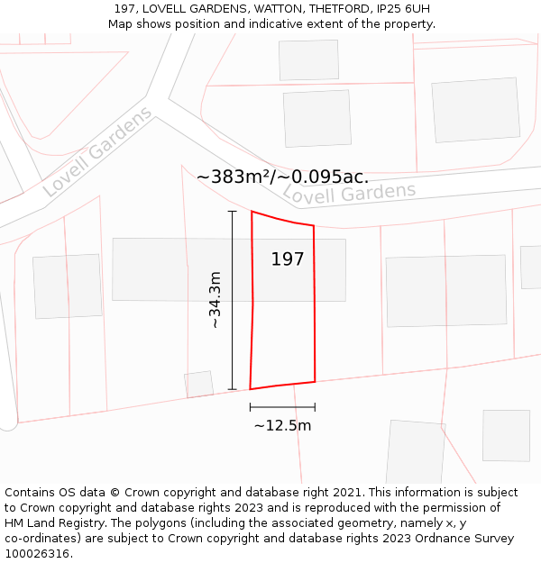 197, LOVELL GARDENS, WATTON, THETFORD, IP25 6UH: Plot and title map