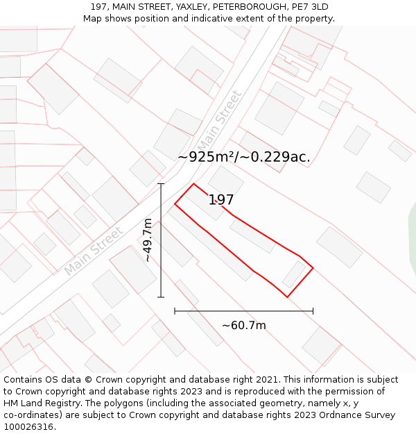 197, MAIN STREET, YAXLEY, PETERBOROUGH, PE7 3LD: Plot and title map