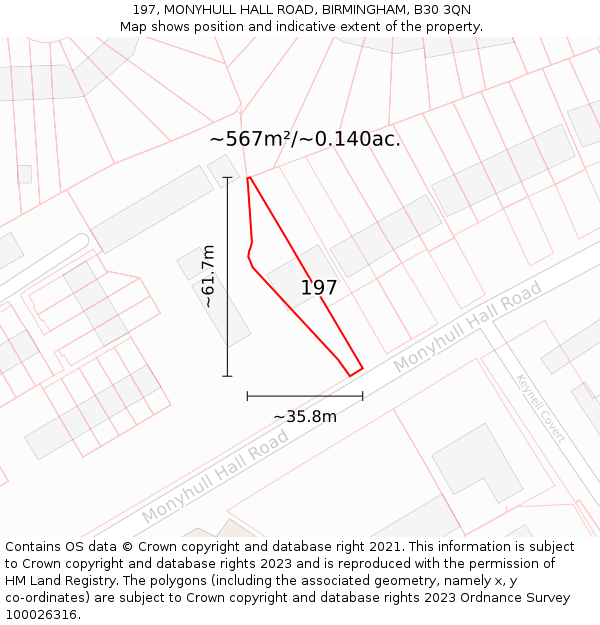 197, MONYHULL HALL ROAD, BIRMINGHAM, B30 3QN: Plot and title map