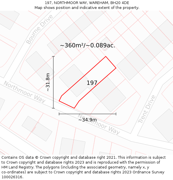 197, NORTHMOOR WAY, WAREHAM, BH20 4DE: Plot and title map