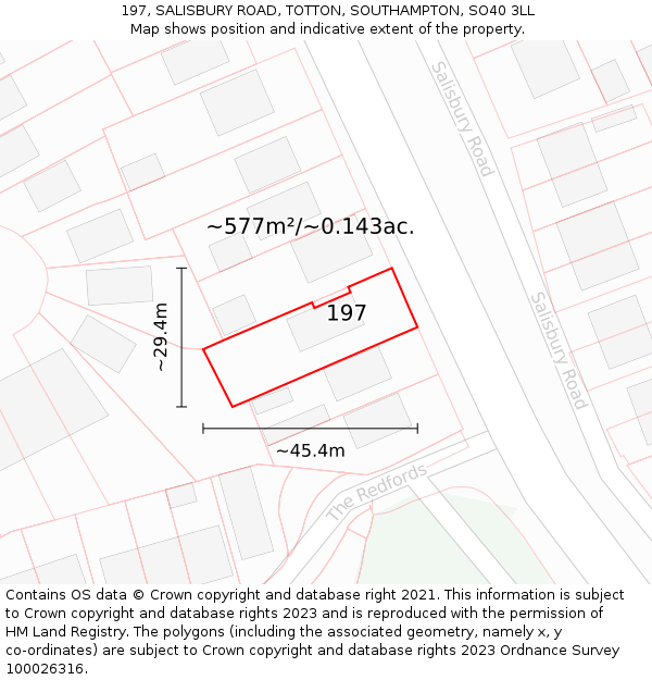 197, SALISBURY ROAD, TOTTON, SOUTHAMPTON, SO40 3LL: Plot and title map