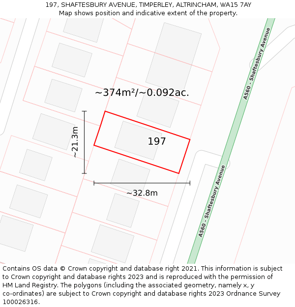 197, SHAFTESBURY AVENUE, TIMPERLEY, ALTRINCHAM, WA15 7AY: Plot and title map