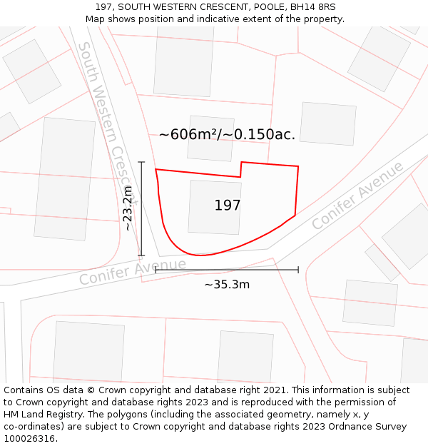 197, SOUTH WESTERN CRESCENT, POOLE, BH14 8RS: Plot and title map