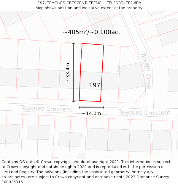 197, TEAGUES CRESCENT, TRENCH, TELFORD, TF2 6RA: Plot and title map