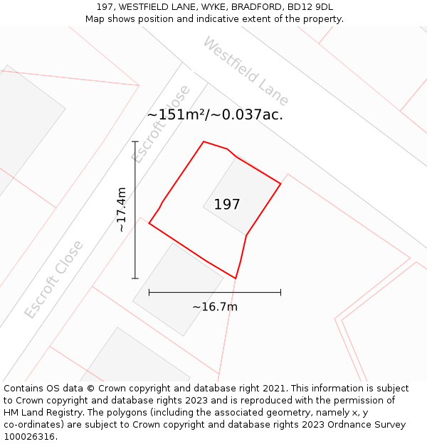 197, WESTFIELD LANE, WYKE, BRADFORD, BD12 9DL: Plot and title map