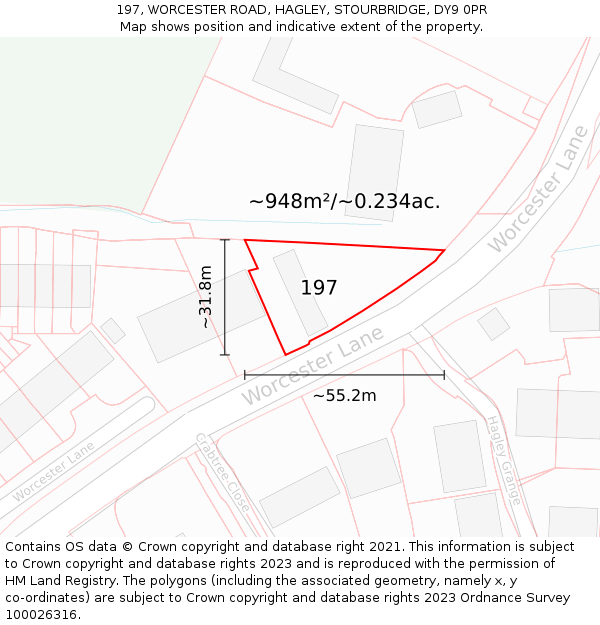 197, WORCESTER ROAD, HAGLEY, STOURBRIDGE, DY9 0PR: Plot and title map