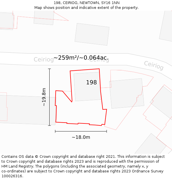 198, CEIRIOG, NEWTOWN, SY16 1NN: Plot and title map