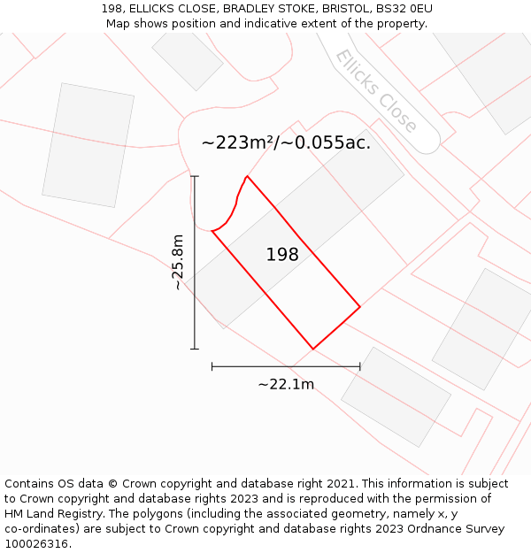 198, ELLICKS CLOSE, BRADLEY STOKE, BRISTOL, BS32 0EU: Plot and title map