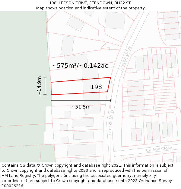 198, LEESON DRIVE, FERNDOWN, BH22 9TL: Plot and title map