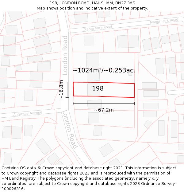 198, LONDON ROAD, HAILSHAM, BN27 3AS: Plot and title map