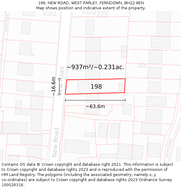 198, NEW ROAD, WEST PARLEY, FERNDOWN, BH22 8EN: Plot and title map