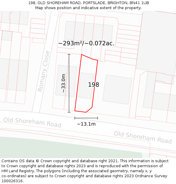 198, OLD SHOREHAM ROAD, PORTSLADE, BRIGHTON, BN41 1UB: Plot and title map