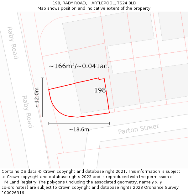 198, RABY ROAD, HARTLEPOOL, TS24 8LD: Plot and title map