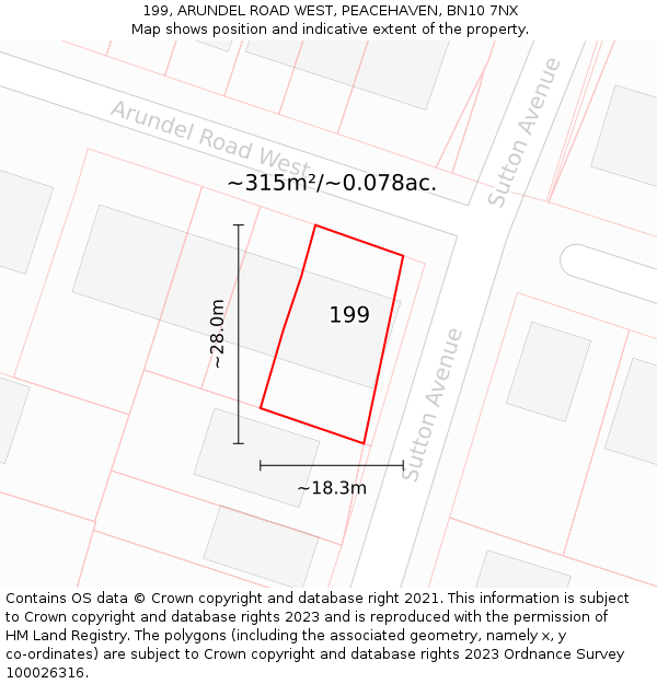 199, ARUNDEL ROAD WEST, PEACEHAVEN, BN10 7NX: Plot and title map