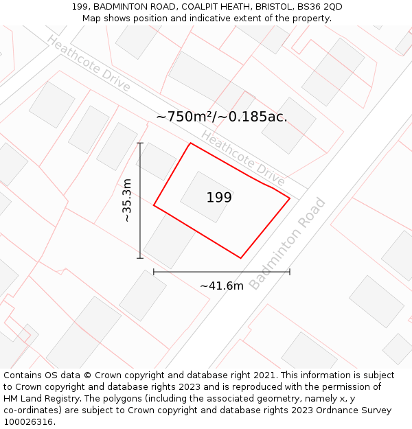 199, BADMINTON ROAD, COALPIT HEATH, BRISTOL, BS36 2QD: Plot and title map