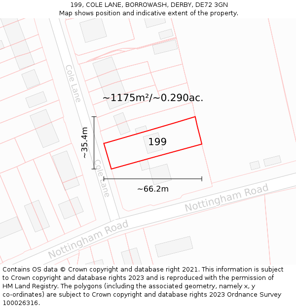 199, COLE LANE, BORROWASH, DERBY, DE72 3GN: Plot and title map