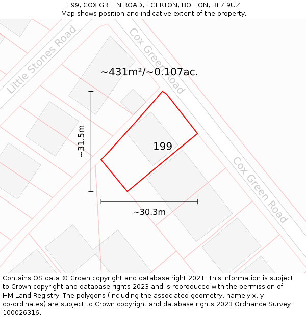 199, COX GREEN ROAD, EGERTON, BOLTON, BL7 9UZ: Plot and title map