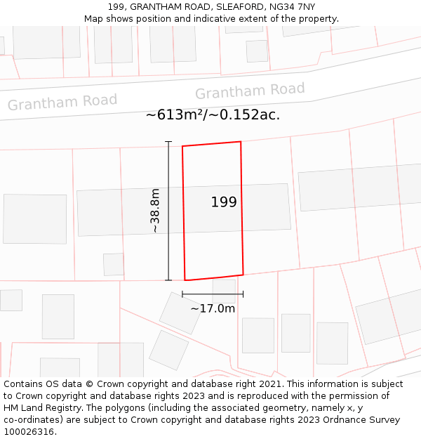 199, GRANTHAM ROAD, SLEAFORD, NG34 7NY: Plot and title map