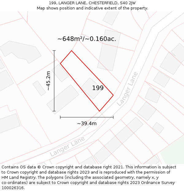 199, LANGER LANE, CHESTERFIELD, S40 2JW: Plot and title map