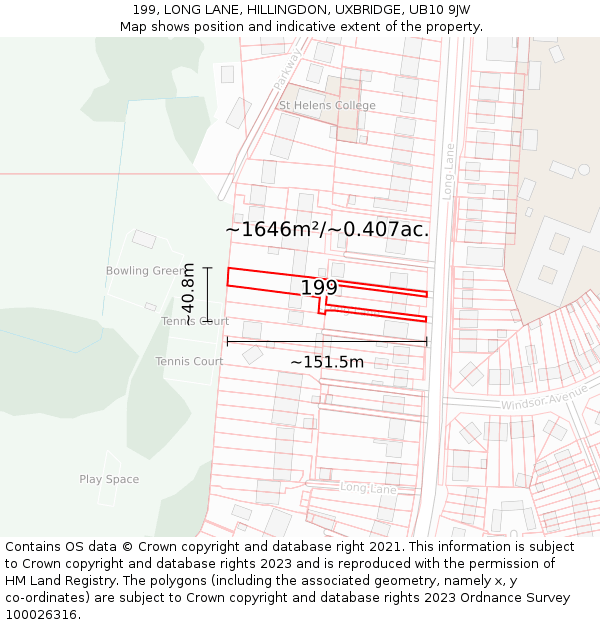 199, LONG LANE, HILLINGDON, UXBRIDGE, UB10 9JW: Plot and title map