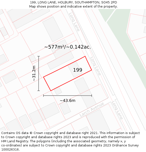 199, LONG LANE, HOLBURY, SOUTHAMPTON, SO45 2PD: Plot and title map