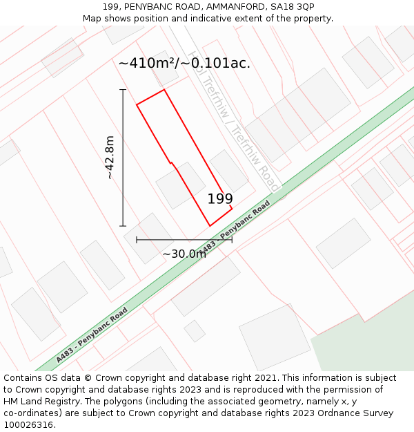 199, PENYBANC ROAD, AMMANFORD, SA18 3QP: Plot and title map