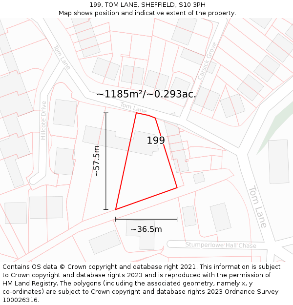 199, TOM LANE, SHEFFIELD, S10 3PH: Plot and title map