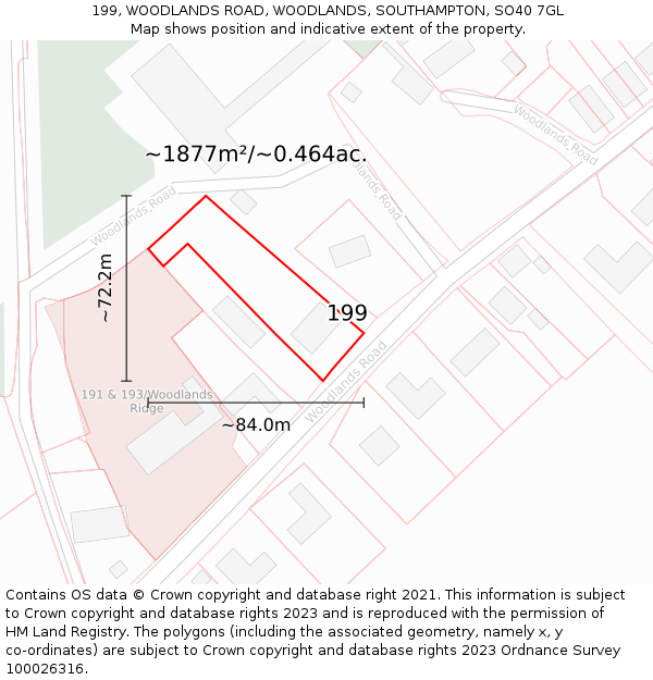 199, WOODLANDS ROAD, WOODLANDS, SOUTHAMPTON, SO40 7GL: Plot and title map