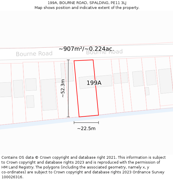 199A, BOURNE ROAD, SPALDING, PE11 3LJ: Plot and title map