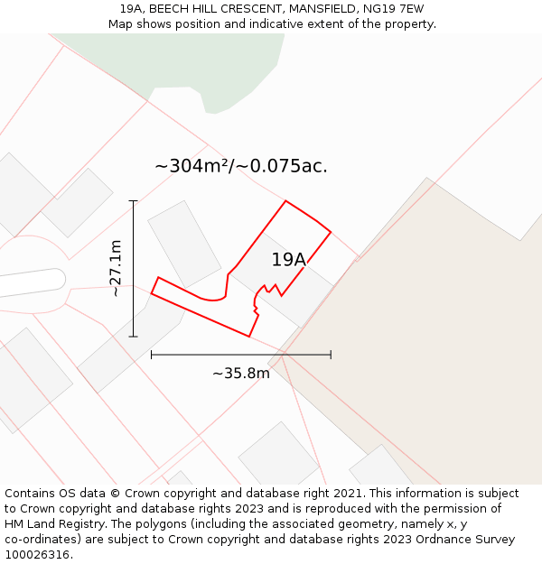 19A, BEECH HILL CRESCENT, MANSFIELD, NG19 7EW: Plot and title map