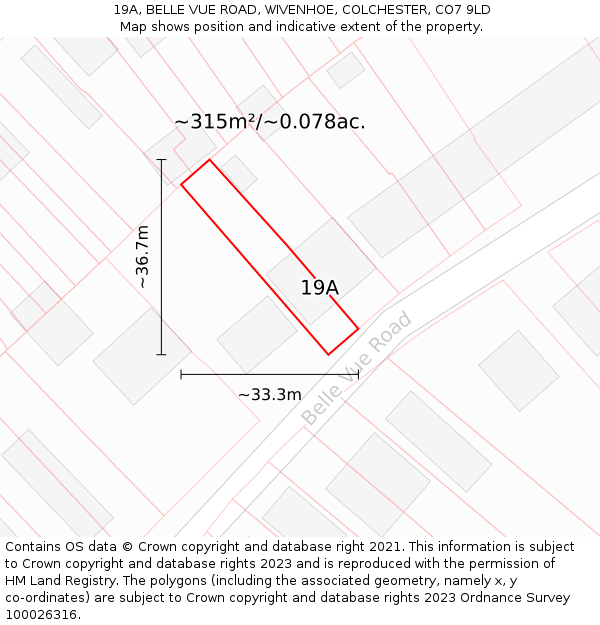 19A, BELLE VUE ROAD, WIVENHOE, COLCHESTER, CO7 9LD: Plot and title map