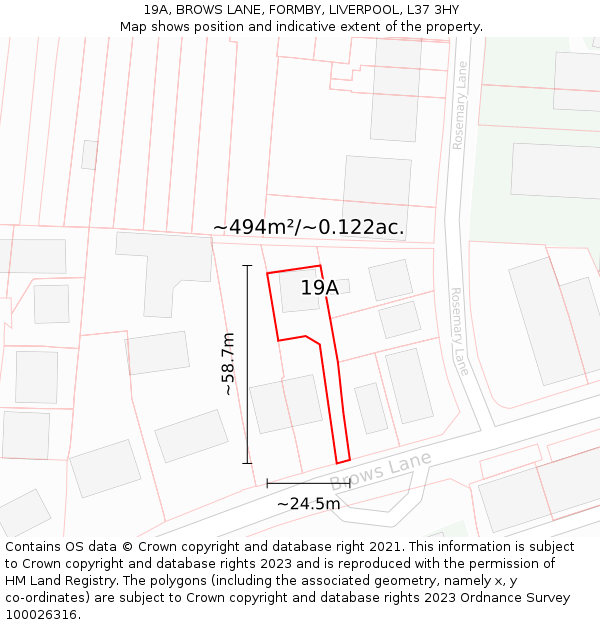 19A, BROWS LANE, FORMBY, LIVERPOOL, L37 3HY: Plot and title map