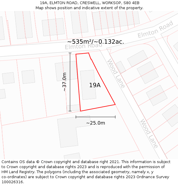 19A, ELMTON ROAD, CRESWELL, WORKSOP, S80 4EB: Plot and title map