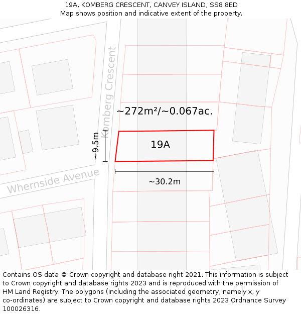 19A, KOMBERG CRESCENT, CANVEY ISLAND, SS8 8ED: Plot and title map