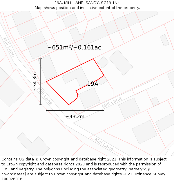 19A, MILL LANE, SANDY, SG19 1NH: Plot and title map