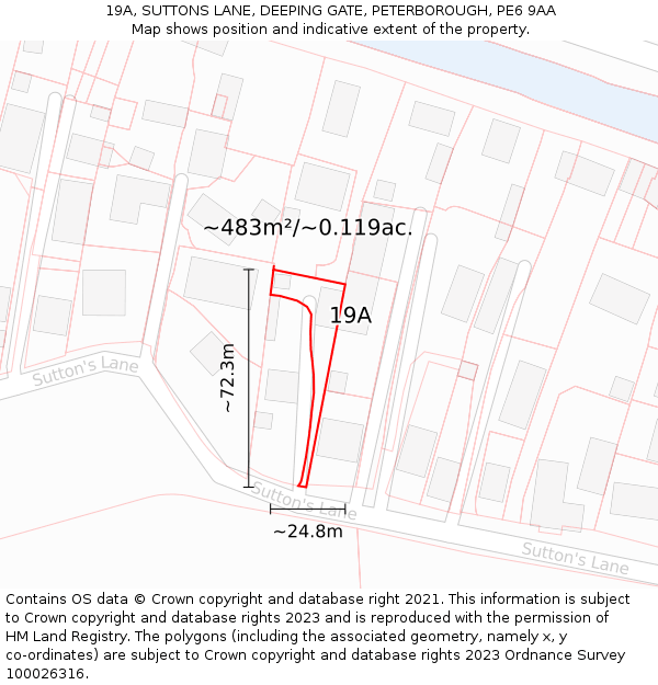 19A, SUTTONS LANE, DEEPING GATE, PETERBOROUGH, PE6 9AA: Plot and title map