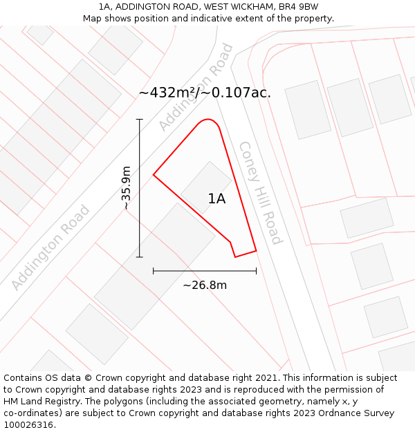 1A, ADDINGTON ROAD, WEST WICKHAM, BR4 9BW: Plot and title map