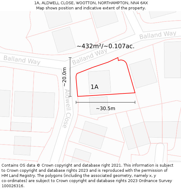 1A, ALDWELL CLOSE, WOOTTON, NORTHAMPTON, NN4 6AX: Plot and title map