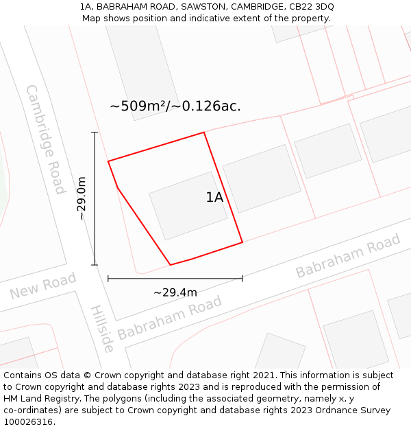 1A, BABRAHAM ROAD, SAWSTON, CAMBRIDGE, CB22 3DQ: Plot and title map