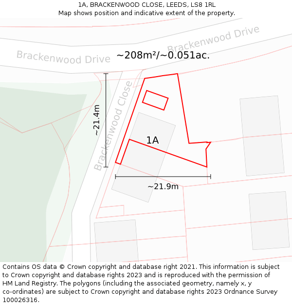 1A, BRACKENWOOD CLOSE, LEEDS, LS8 1RL: Plot and title map