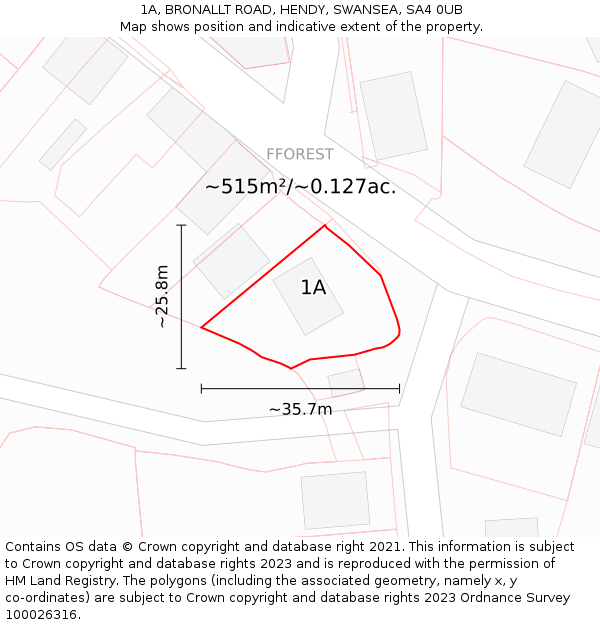 1A, BRONALLT ROAD, HENDY, SWANSEA, SA4 0UB: Plot and title map