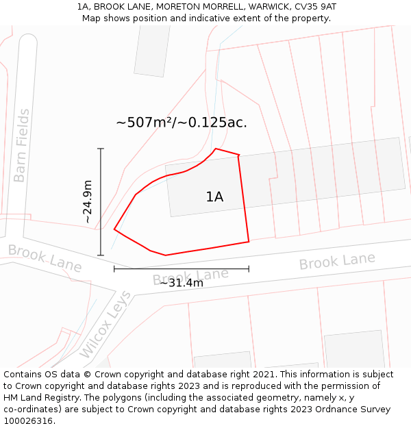 1A, BROOK LANE, MORETON MORRELL, WARWICK, CV35 9AT: Plot and title map