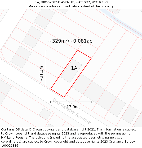 1A, BROOKDENE AVENUE, WATFORD, WD19 4LG: Plot and title map